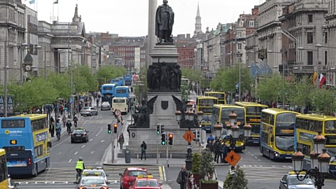 The broadest boulevard of the Irish capital, O'Connell Street, is packed with buses and commuters at evening rush hour in Dublin on April 30, 2012. 