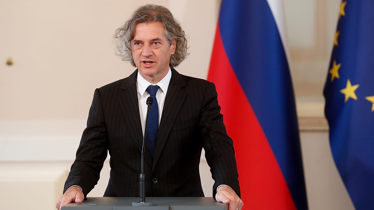 Robert Golob, the leader of the Freedom Movement party, speaks to reporters in Ljubljana.