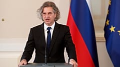 Robert Golob, the leader of the Freedom Movement party, speaks to reporters in Ljubljana.