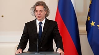 Robert Golob, the leader of the Freedom Movement party, speaks to reporters in Ljubljana.