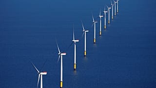 General view of the Walney Extension offshore wind farm operated by Orsted off the coast of Blackpool, Britain.