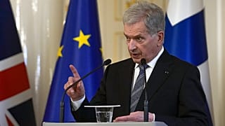 Finland's President Sauli Niinisto at a news conference at the Presidential Palace in Helsinki, Finland, Wednesday, May 11, 2022. 