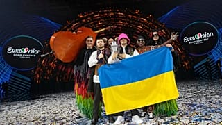 Kalush Orchestra from Ukraine celebrate after winning the Grand Final of the Eurovision Song Contest at Palaolimpico arena, in Turin, Italy, Saturday, May 14, 2022.