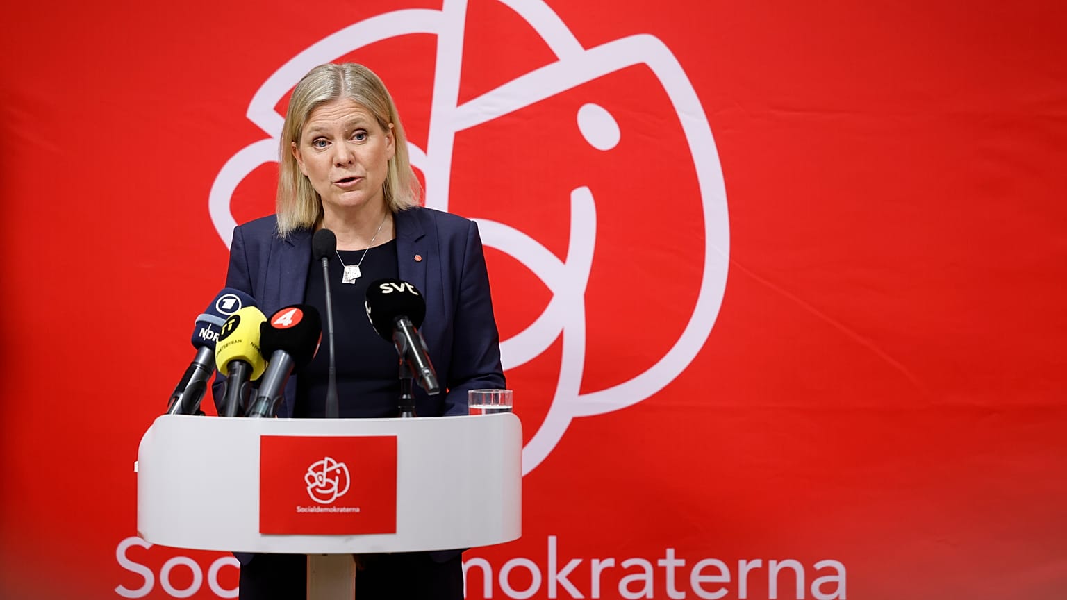 Sweden's Prime Minister Magdalena Andersson gives a press conference after a meeting at the ruling Social Democrat's headquarters in Stockholm, Sweden, SUnday, May 15, 2022