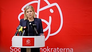 Sweden's Prime Minister Magdalena Andersson gives a press conference after a meeting at the ruling Social Democrat's headquarters in Stockholm, Sweden, SUnday, May 15, 2022