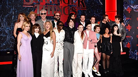 The "Stranger Things" cast pose together at the season four premiere at Netflix Studios Brooklyn on Saturday, May 14, 2022, in New York.