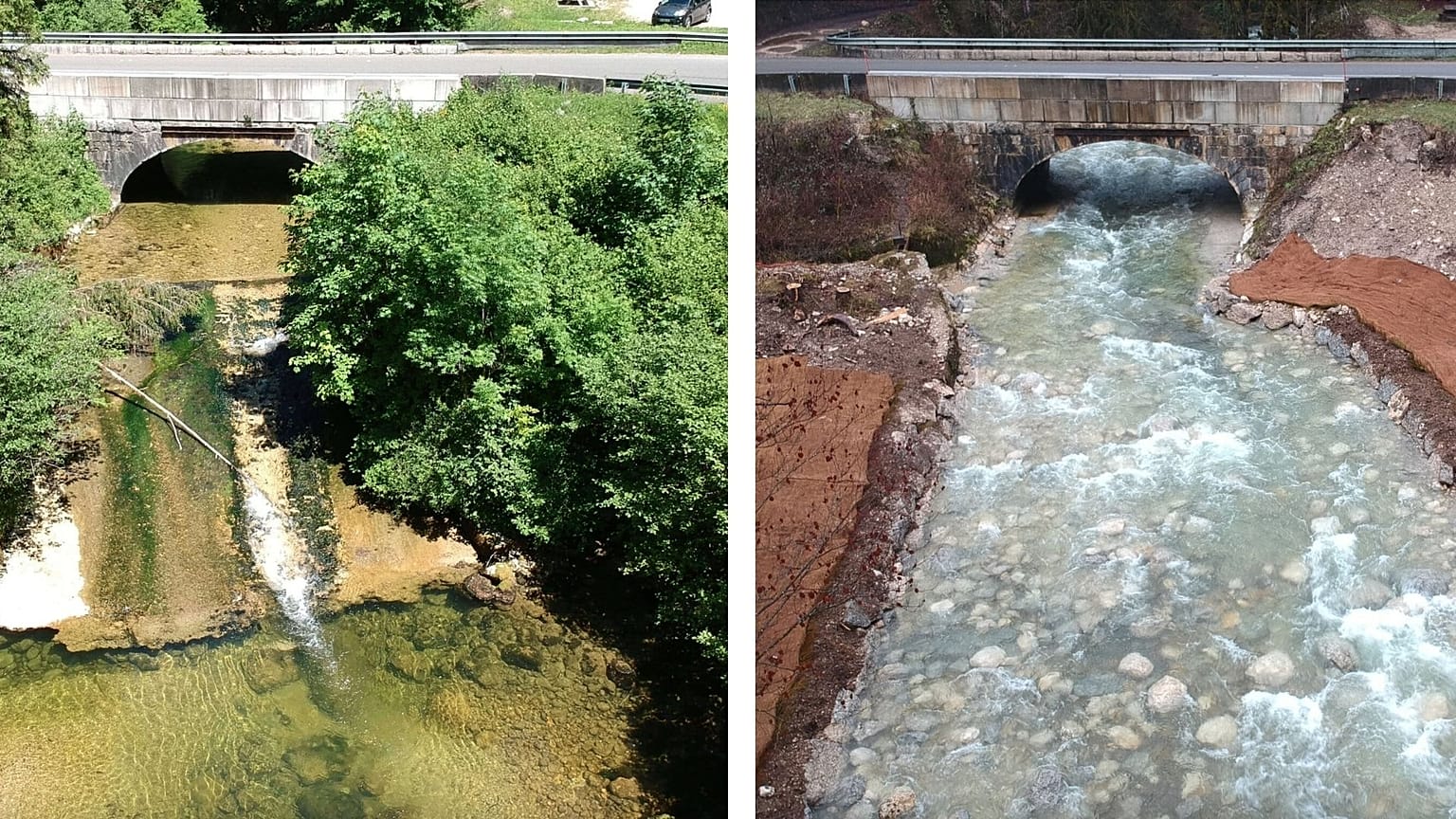The Tacon river in France, before and after the Daloz dam was demolished