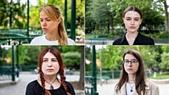 Kateryna Prokopenko, Yuliia Fedosiuk, Olha Andrianova, Daria Tsykunova, the partners of Azov regiment fighters, photographed in Paris. May 2022