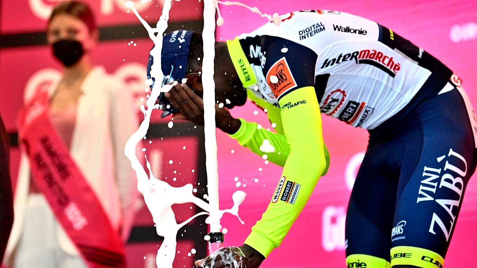 Girmay was taken to a local hospital after injuring himself on the podium.