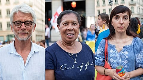 Demonstrators supporting the civilians and soldiers besieged in Mariupol, Ukraine, during the Russian invasion of the country. Lyon, France. May 2022