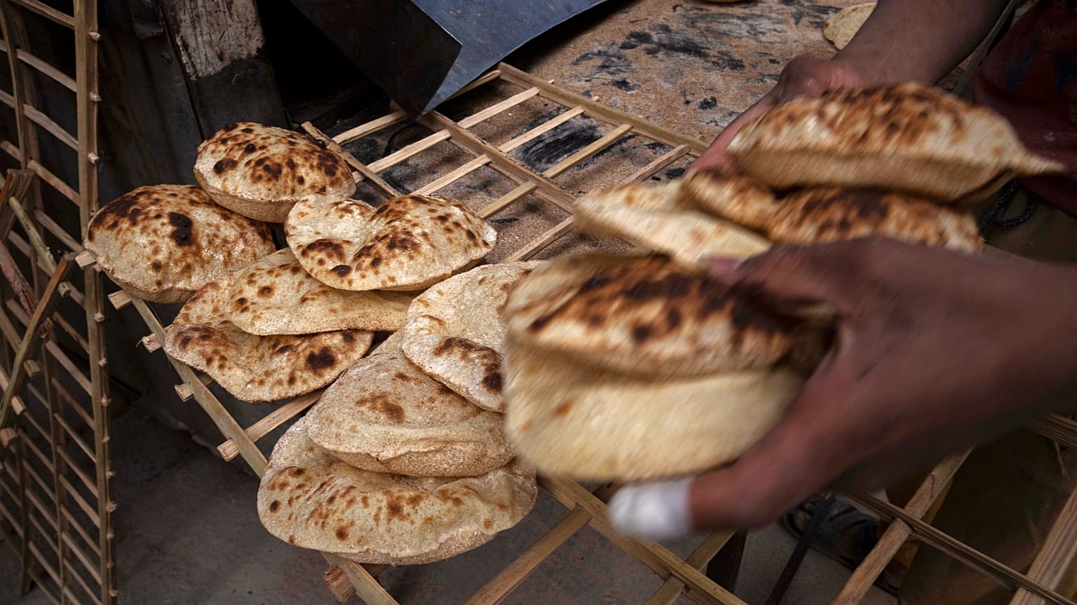  A worker collects Egyptian traditional 'baladi' flatbread, at a bakery, in Cairo, Egypt. 