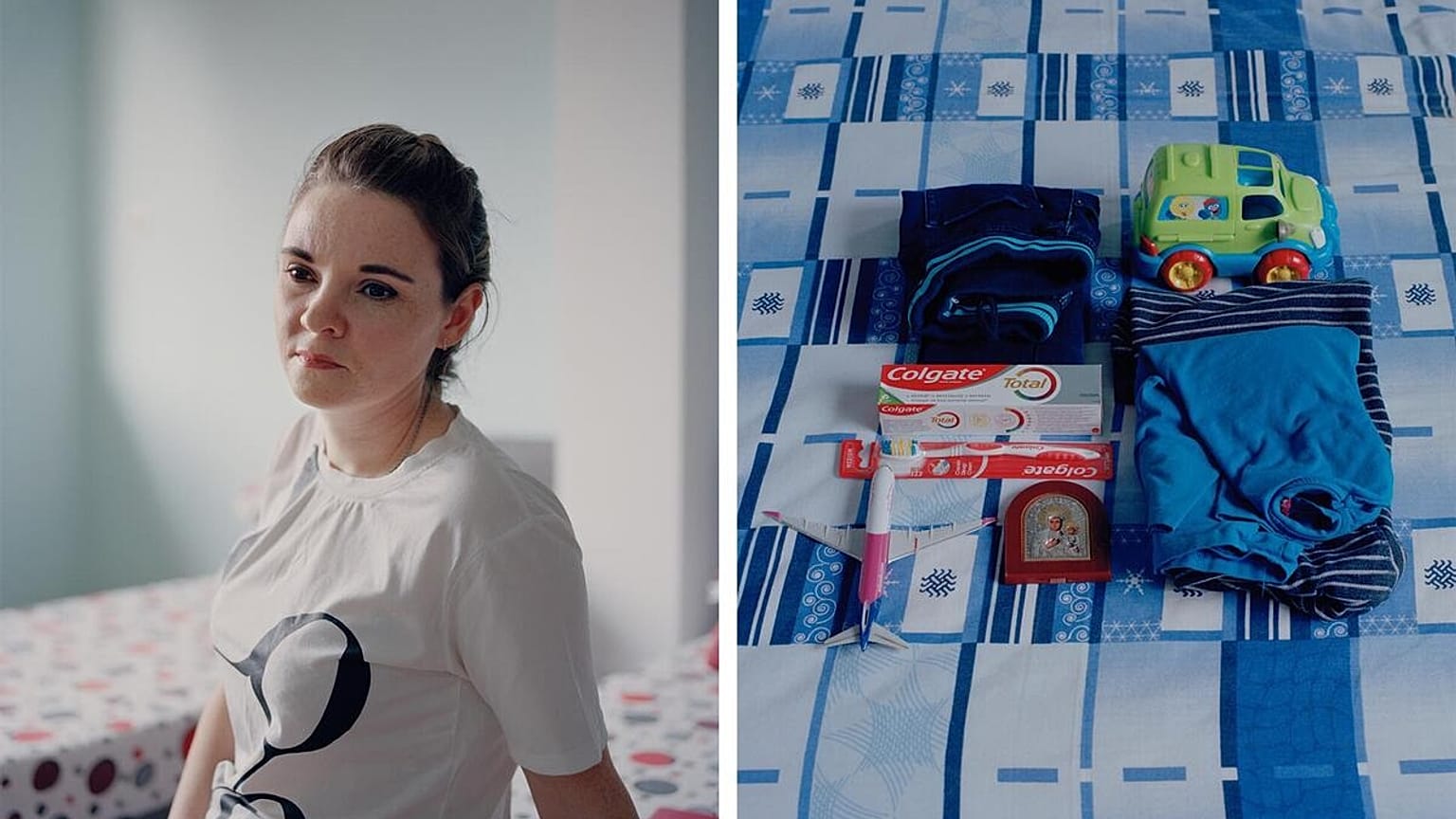 Mariya, 24, at her temporary home in Maramures, Romania, and the items she packed when she fled Ukraine
