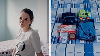 Mariya, 24, at her temporary home in Maramures, Romania, and the items she packed when she fled Ukraine