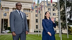 Rwandan Foreign Minister Vincent Biruta (L) and Britain's Home Secretary Priti Patel (R) at the United Nations in Geneva.