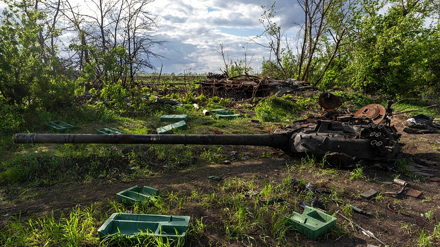 A destroyed tank near the village of Malaya Rohan, Kharkiv region, Ukraine.