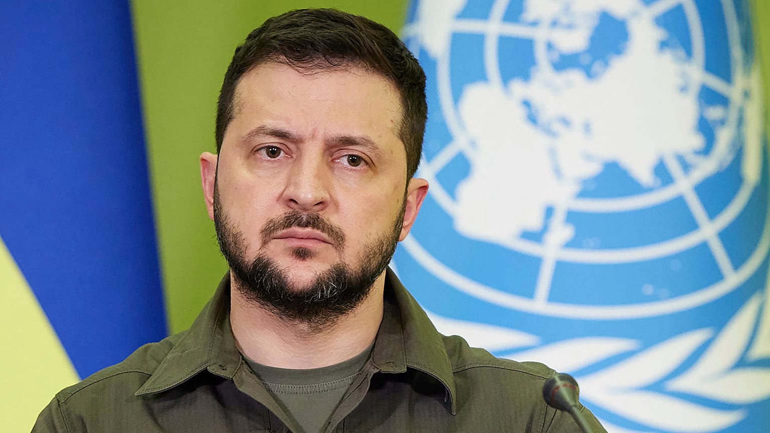 Ukrainian President Volodymyr Zelenskyy attends a joint news conference with U.N. Secretary-General Antonio Guterres in Kyiv, Ukraine, Thursday, April 28, 2022.
