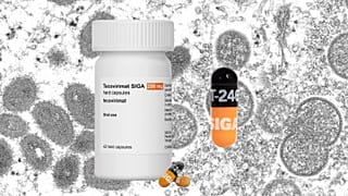 Composite image of SIGA's Tecovirimat antiviral drug over monkeypox virions taken from a sample of human skin