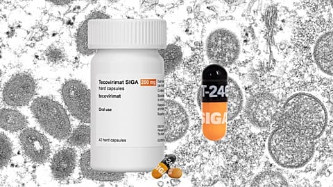 Composite image of SIGA's Tecovirimat antiviral drug over monkeypox virions taken from a sample of human skin