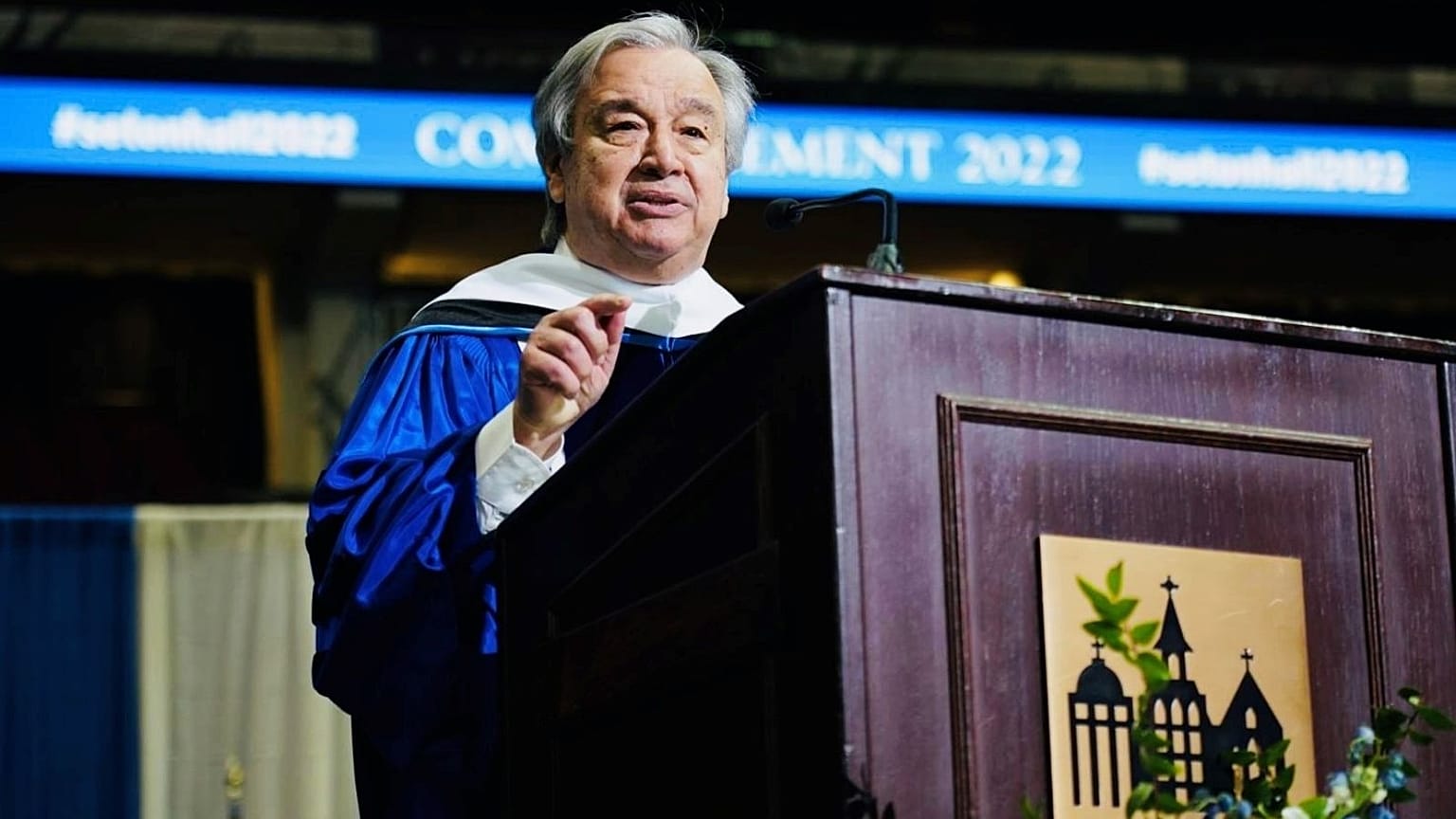 Antonio Guterres gives his commencement speech at Seton Hall University, 24 May.