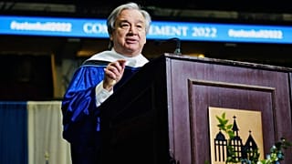 Antonio Guterres gives his commencement speech at Seton Hall University, 24 May.