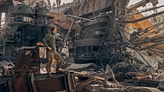Un soldato del battaglione Azov sulle rovine dell'acciaieria Azovstal sotto assedio. Maggio 2022 