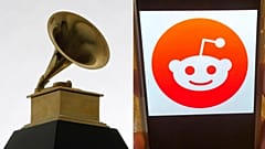 A Grammy award (left), the Reddit logo on a phone (right)