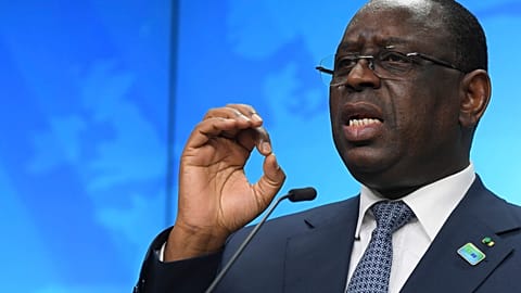 Senegal's President Macky Sall speaks during a media conference at the conclusion of an EU Africa summit in Brussels, Friday, Feb. 18, 2022.