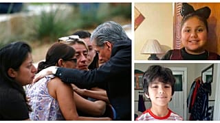 The archbishop of San Antonio comforts families outside the civic center in Uvalde. Right: 10-year-old Eliahna García and eight-year-old Uziyah Garcia, two of the victims 