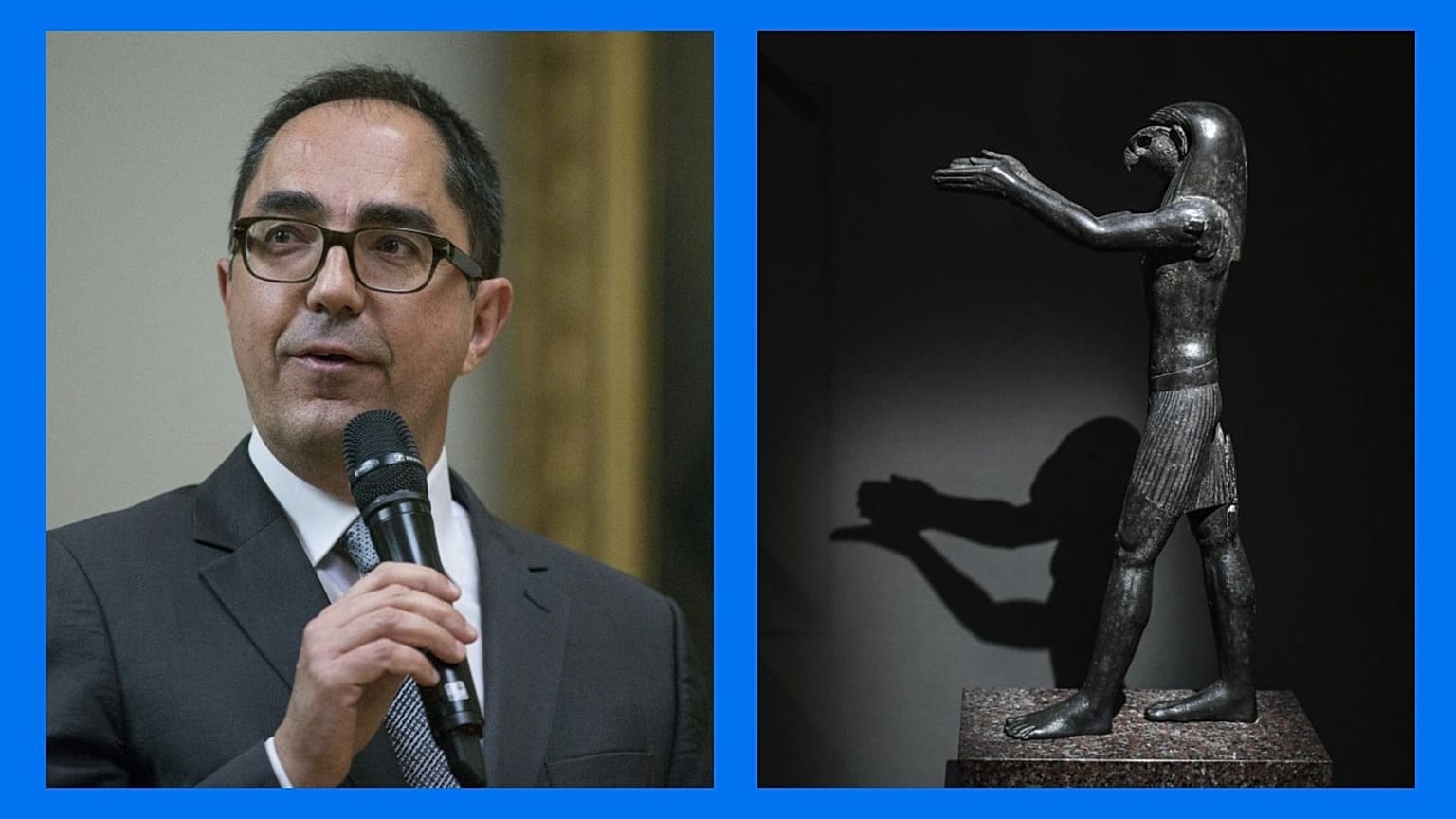 A g. : Jean-Luc Martinez, alors président-directeur du musée du Louvre, le 10/03/2016 // A dr. : antiquité présentée au musée du Louvre le 26/04/2022