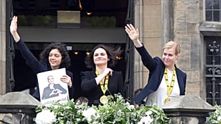 Svetlana Tikhanovskaya, center, Veronika Zepkalo, right, and the sister of Maria Kalesnikava receive the Charlemagne Prize in Aachen, Germany