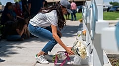 Meghan Markle, Duchess of Sussex, visits a memorial site, Thursday, May 26, 2022, honoring the victims killed in Tuesday's elementary school shooting in Uvalde, Texas,