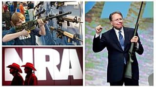 A g. : lors de la convention annuelle de la NRA à Houston, le 03/05/2013 // A dr : Wayne LaPierre, un des dirigeants de la NRA, le 23/02/2013
