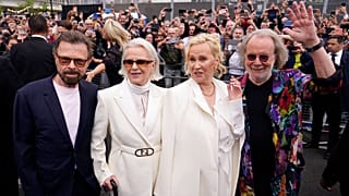 Members of ABBA, from left, Bjorn Ulvaeus, Anni-Frid Lyngstad, Agnetha Faltskog and Benny Andersson arrive for the ABBA Voyage concert at the ABBA Arena in London, May 26 2022