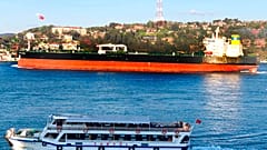 The Greek-flagged oil tanker Prudent Warrior, background, is seen as it sails past Istanbul, Turkey, April 19, 2019
