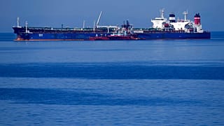 The Pegas tanker, that has recently changed its name to Lana, is seen off the port of Karystos on the Aegean Sea island of Evia, Greece, Friday, May 27, 2022. 
