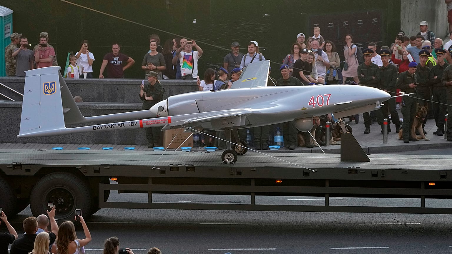 A Bayraktar TB2 drone is displayed during a rehearsal of a military parade dedicated to Independence Day in Kyiv on 20 August 2021