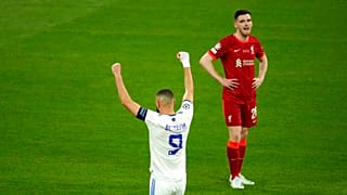 Karim Benzema célèbre la victoire de son équipe en finale de Ligue des champions, Saint Denis, le 28 mai 2022, France