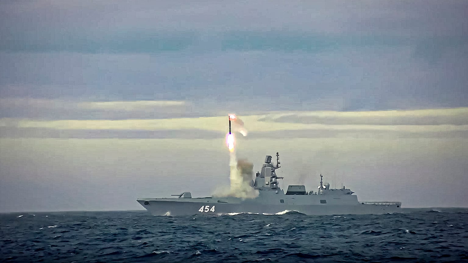 A new Zircon hypersonic cruise missile is launched by the frigate Admiral Gorshkov of the Russian navy from the Barents Sea on 28 May 2022