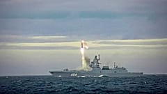 A new Zircon hypersonic cruise missile is launched by the frigate Admiral Gorshkov of the Russian navy from the Barents Sea on 28 May 2022