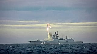 A new Zircon hypersonic cruise missile is launched by the frigate Admiral Gorshkov of the Russian navy from the Barents Sea on 28 May 2022