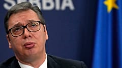 Serbian President Aleksandar Vučić reacts during a press conference in Belgrade in November 2021