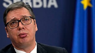 Serbian President Aleksandar Vučić reacts during a press conference in Belgrade in November 2021