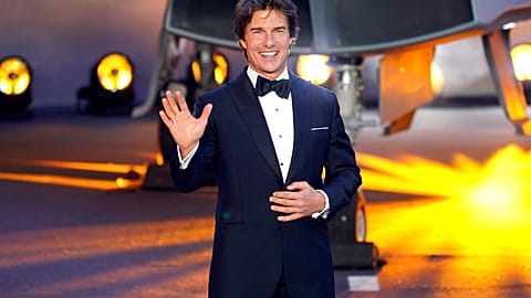 Tom Cruise poses for the media during the 'Top Gun Maverick' UK premiere at a central London cinema, on Thursday, May 19, 2022.