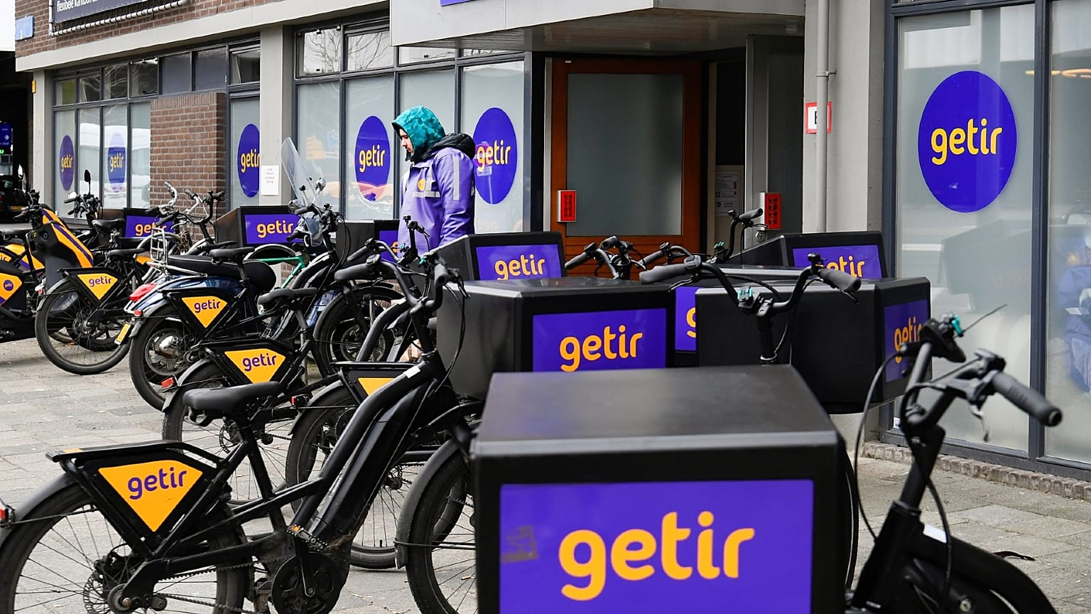 Bikes are parked outside a dark store of the fast grocery deliverer Getir, in Rotterdam, Netherlands ,February 8, 2022. 