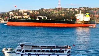 One of the Greek-flagged oil tanker seized is the Prudent Warrior, seen here in Istanbul in April 2019.