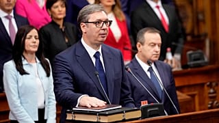 Serbia's President Aleksandar Vučić takes oath during the ceremony of his inauguration for a second term in Parliament building, in Belgrade on 31 May 2022