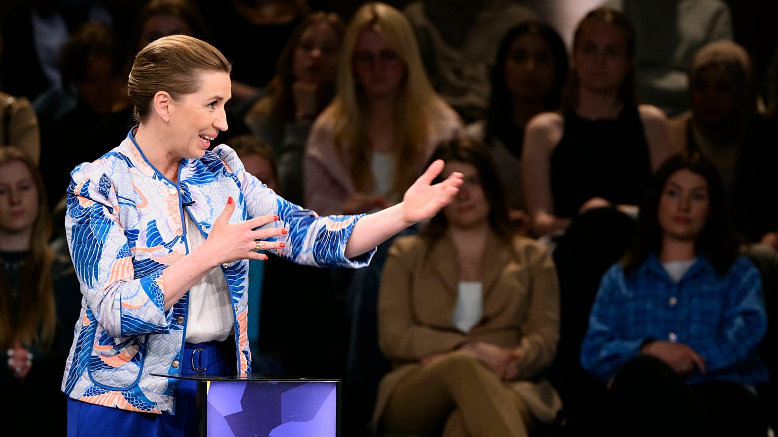 Danish PM Mette Frederiksen participates in a partyleader debate on Danish television in Copenhagen, Denmark, May 31, 2022.