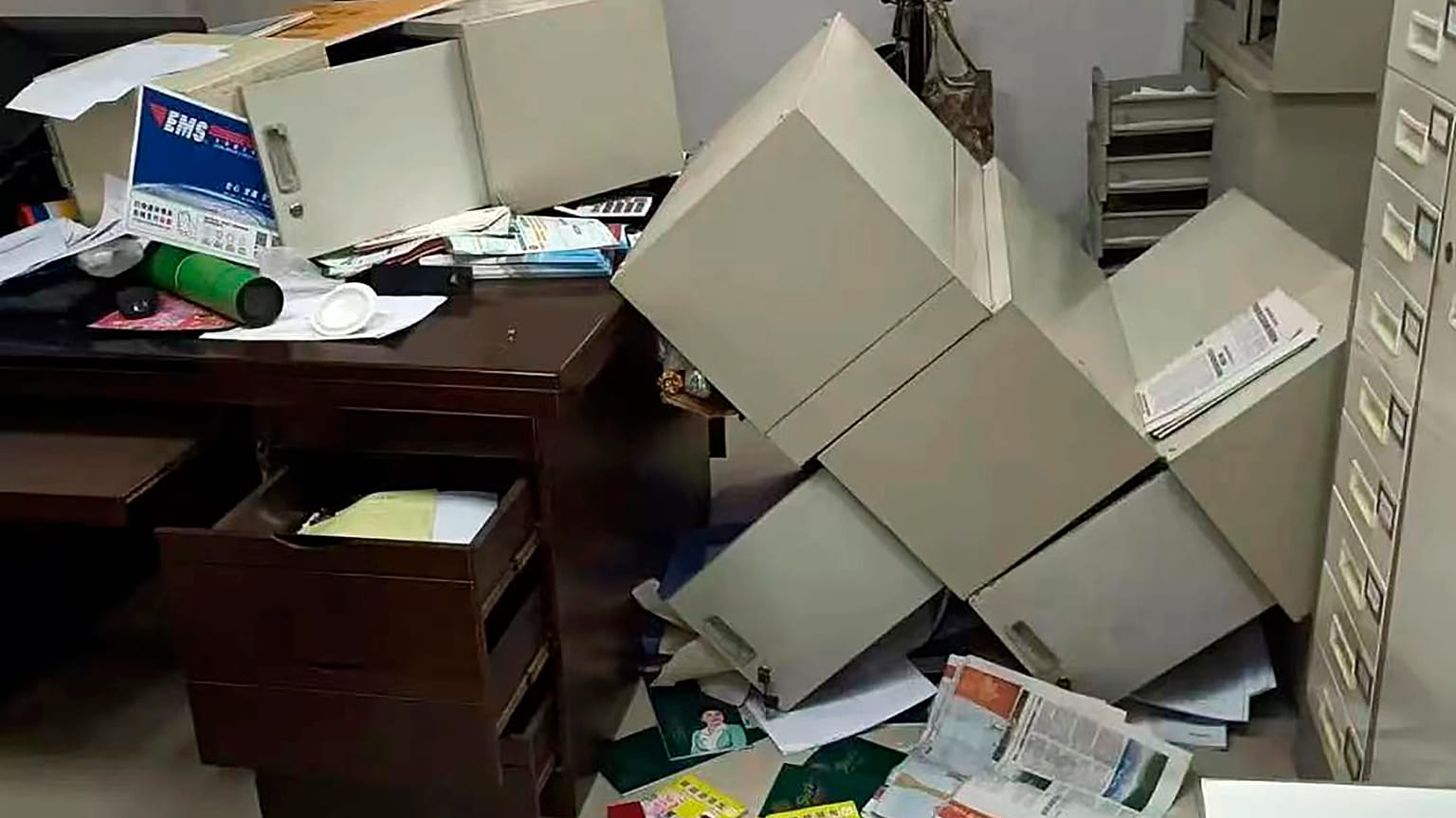 Damaged post office after an earthquake in Baoxing County in southwestern China's Sichuan Province, June 1, 2022. 