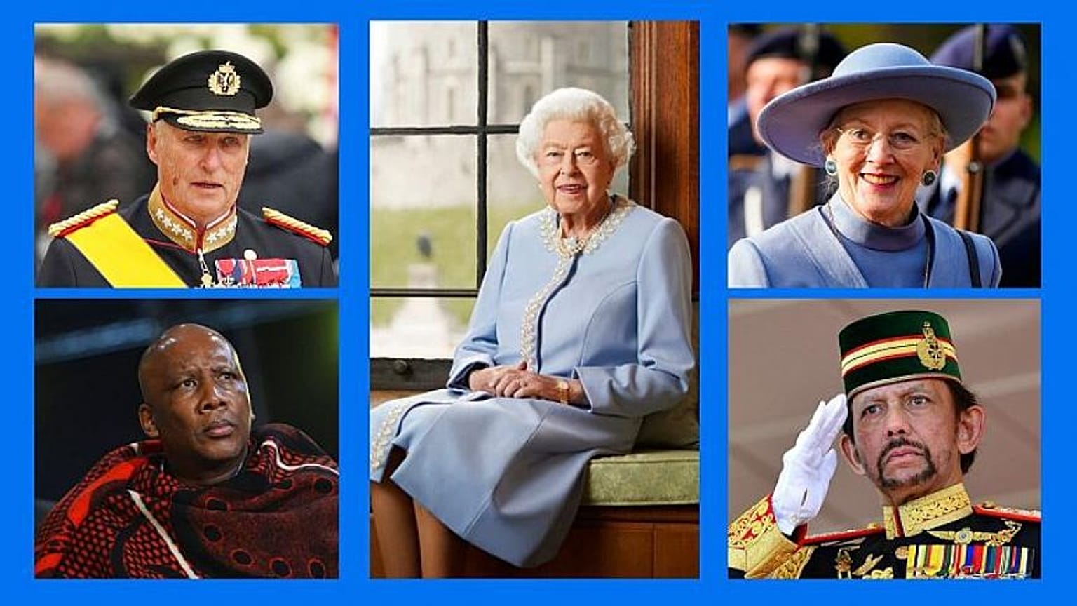 Balról jobbra: V.Harald norvég király, II.Erzsébet brit királynő, II. Margit dán királynő, III. Letsie lesothó-i király és Hassanal Bolkiah, Brunei szultánja