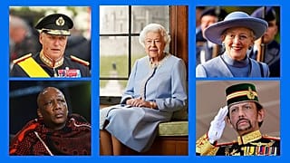 Balról jobbra: V.Harald norvég király, II.Erzsébet brit királynő, II. Margit dán királynő, III. Letsie lesothó-i király és Hassanal Bolkiah, Brunei szultánja